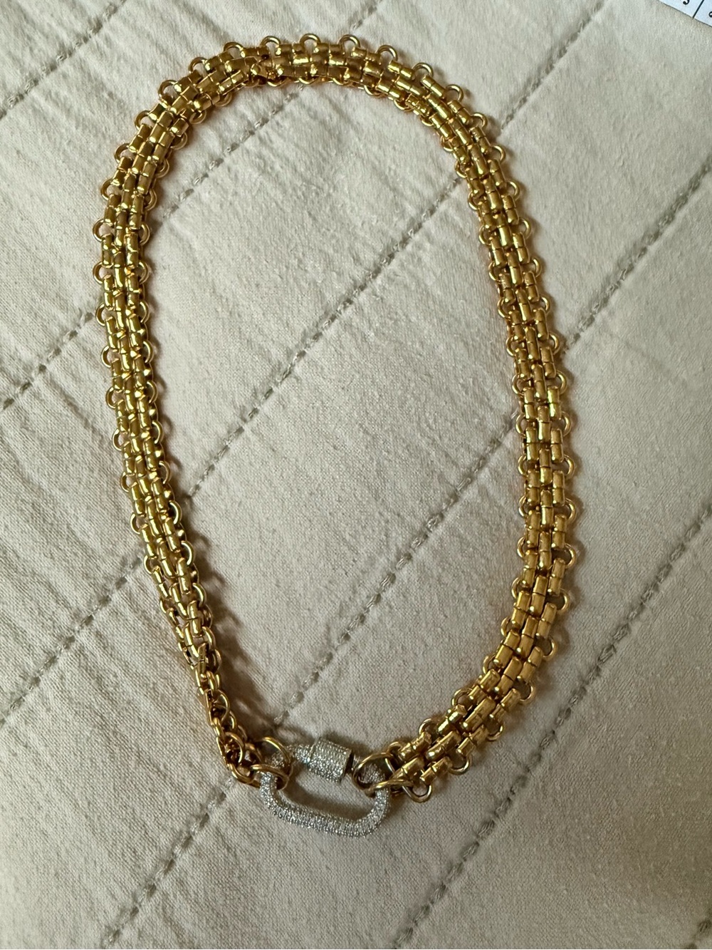 Gold-Tone Double Chain Necklace with Pavé Carabiner Clasp